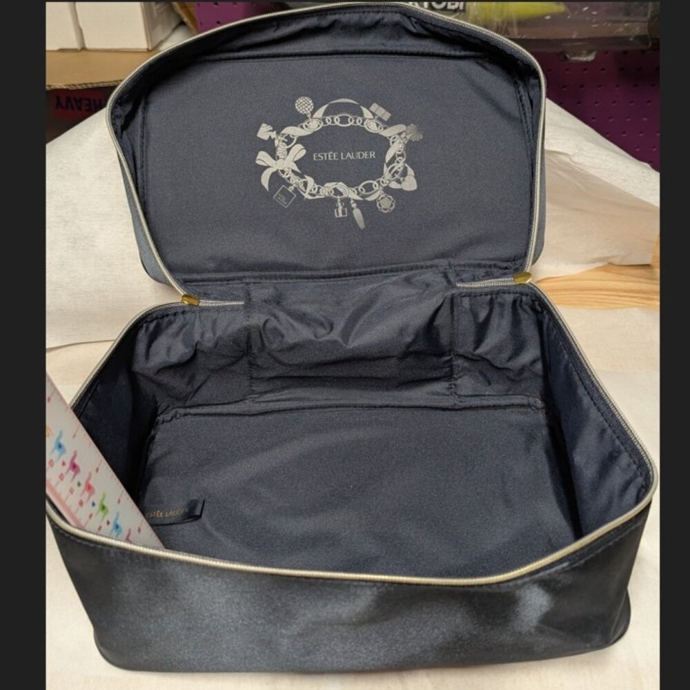 ESTEE LAUDER Navy Blue Satin Travel Cosmetic Bag